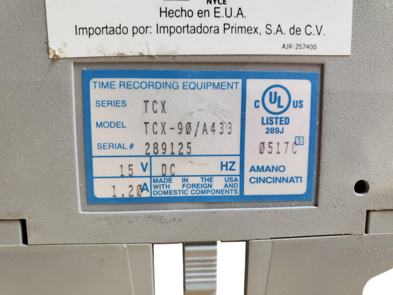 Amano TCX-90 Time Punch Card Clock Employee W/Power Cord & Clock