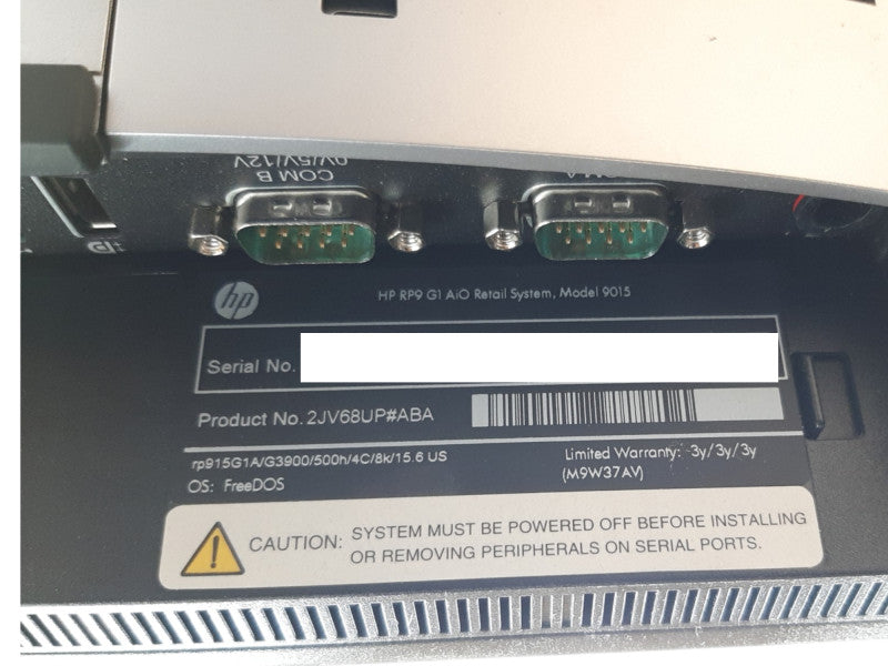 HP RP9 G1 AIO Retail System, Model 9015, Intel Celeron G3900, 4GB RAM, No HDD