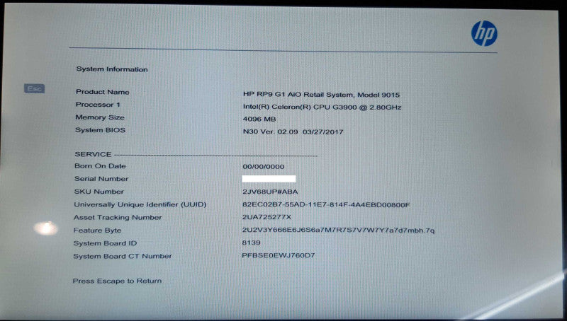 HP RP9 G1 AIO Retail System, Model 9015, Intel Celeron G3900, 4GB RAM, No HDD