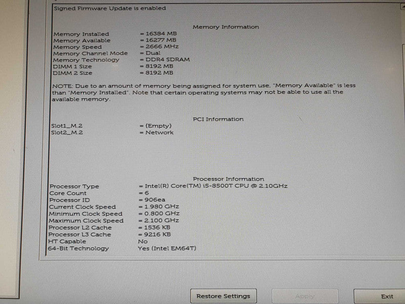 Dell OptiPlex 3060 Micro Core i5 - 8500T CPU @ 2.10GHz 16GB DDR4