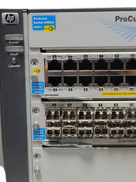 HP ProCurve Switch 5406zl J8697A PoE w/ 2x J8702A, 1x J9537A 1x J8706A 2x PSU Q_