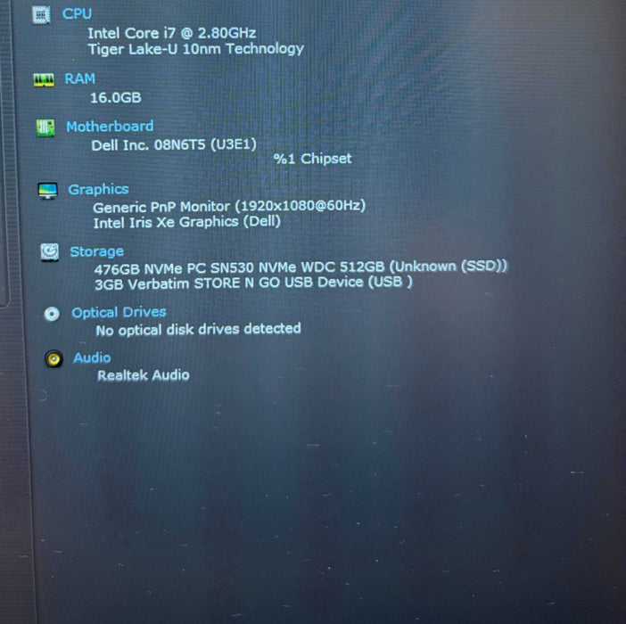 Dell Latitude 3520 Intel Core i7-1165G7@2.8GHz 16GB DDR4 RAM 512GB NVMe SSD  Lap200