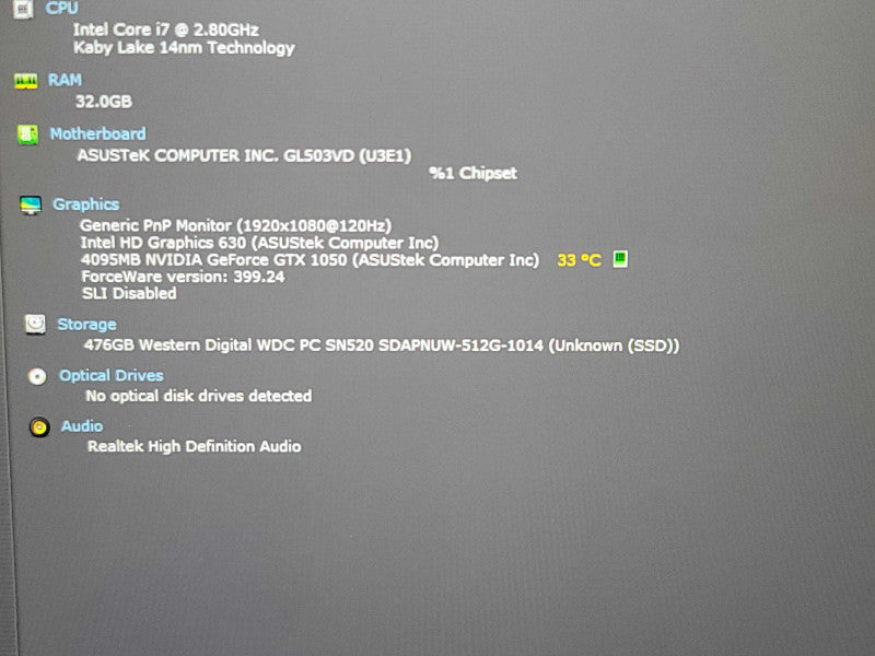 ASUS ROG STRIX GL503V| i7-7700HQ| 32GB DDR4| GTX 1050 | 512GB SSD NO ADAPTER  Qβ Lap200