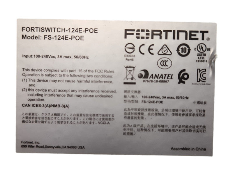 Fortinet FortiSwitch FS-124E-POE 24-Port Gigabit PoE Ethernet Switch