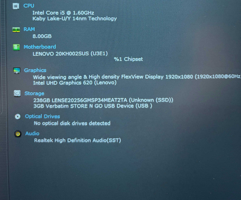 Lenovo ThinkPad X1 Carbon i5-8250U@1.6GHz 8GB RAM 256GB NVMe SSD Q Lap200