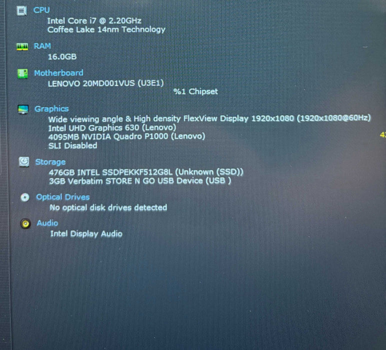 Lenovo ThinkPad P1 i7--8750H@2.2GHz QUADRO P1000 4GB GPU 16GB RAM 512GB SSD  Lap200