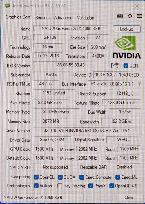 ASUS Nvidia GeForce GTX1060 3G GDDR5 PCIe Video Graphics Card