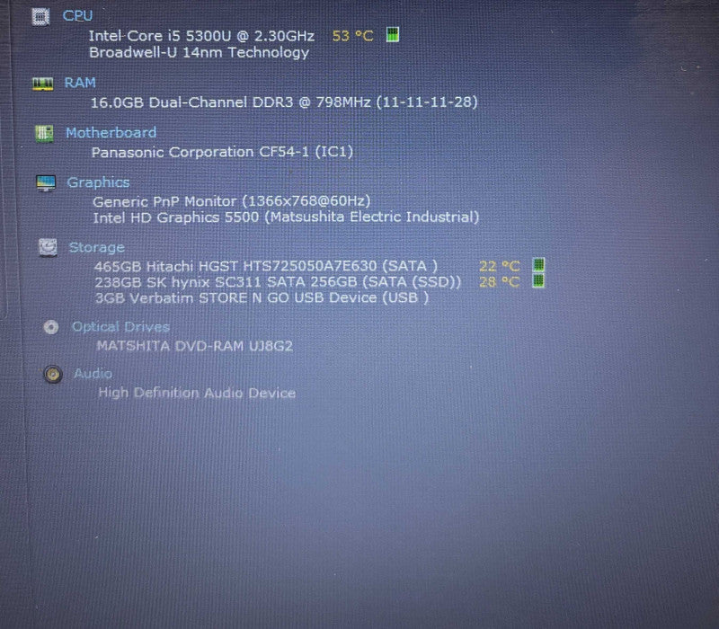 Panasonic ToughBook CF-54 i5-5300U 16GB RAM 256GB SSD 7210Hrs.