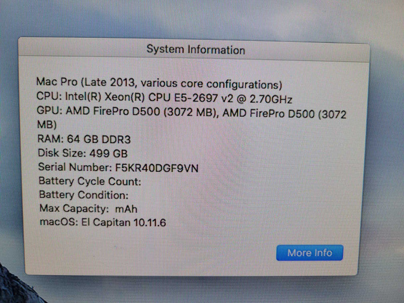 Mac Pro (Late 2013) - Xeon E5-2697 v2 | 64GB RAM | 500GB SSD | 2x FP D500  %