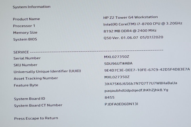 HP Z2 Tower G4 Workstation Intel i7-8700 8GB NO-HDD/SSD