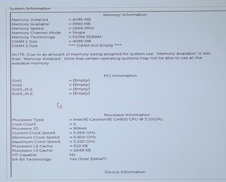 DELL OptiPlex 3060 SFF INTEL CELERON G4900@3.10 4GB RAM NO- HDD/SSD
