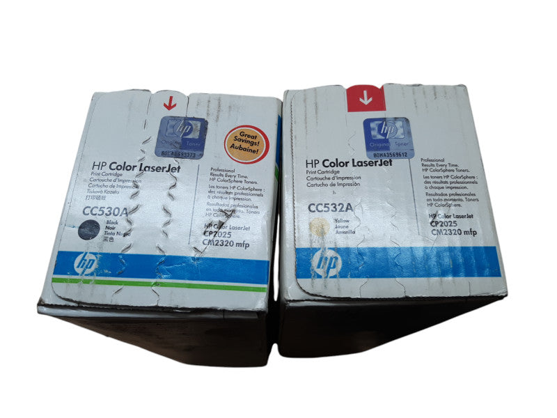 New Genuine HP Print Cartridge, CC530A and CC532A, Black abd Yellow