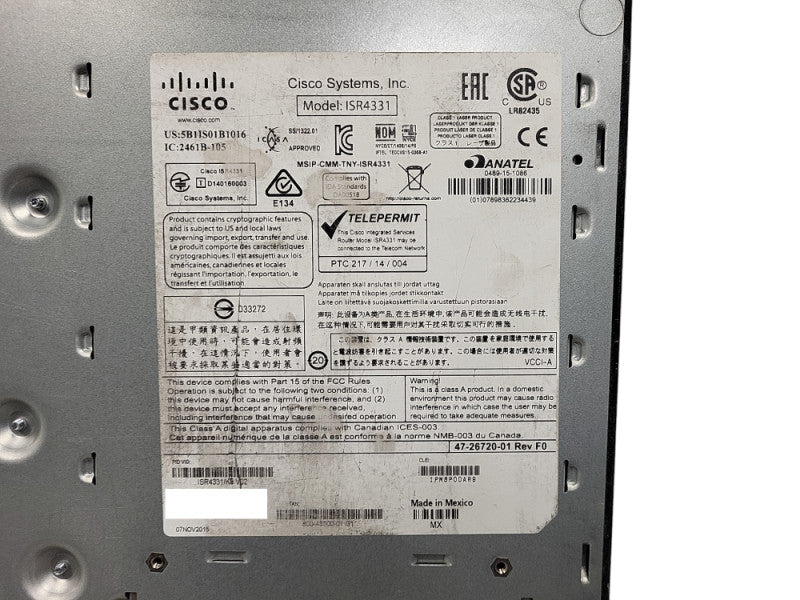 Cisco ISR 4331 4300 Series Integrated Service Router P/N: ISR4331/K9 Q$