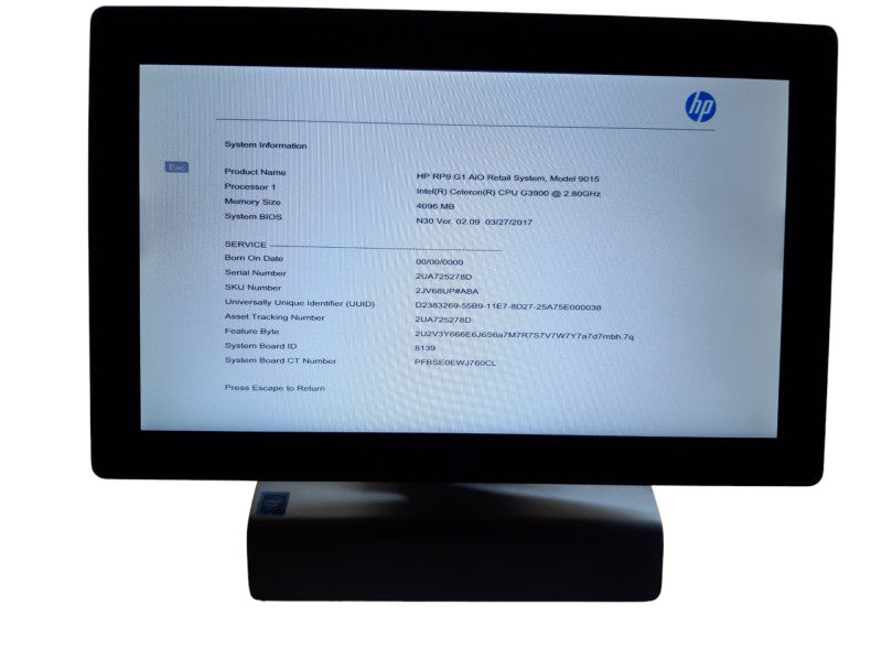 HP RP9 G1 AiO Retail System, Model 9015, Intel Celeron G3900, 4GB RAM, NO HDD
