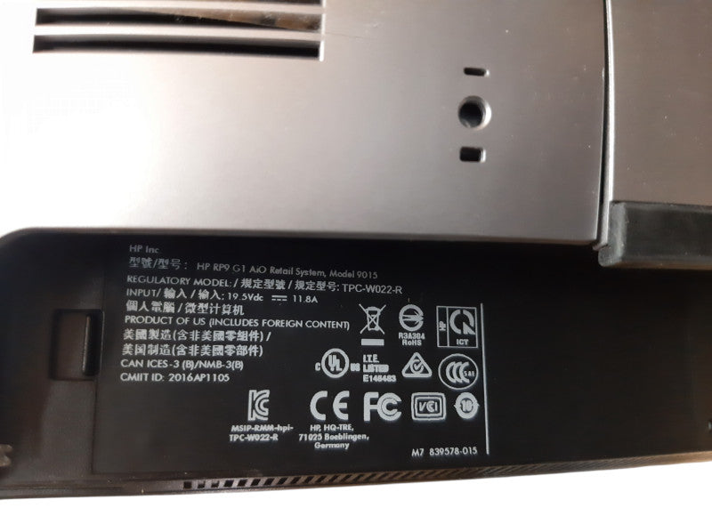 HP RP9 G1 AiO Retail System, Model 9015, Intel Celeron G3900, 4GB RAM, NO HDD
