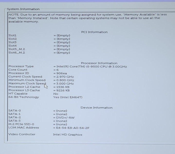 DELL OPTIPLEX 3070 i5-9500 3.00 GHz 8 GB RAM NoHDD/NO OS Q