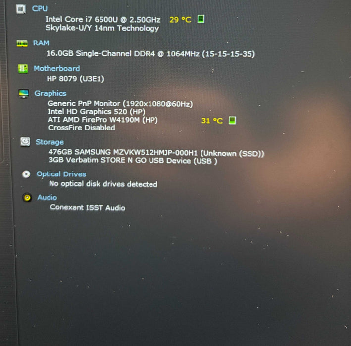 HP ZBook 15U G3 i7-6500U@2.5GHz ATI AMD FirePro W4190M GPU 16GB RAM 512GB SSD  Lap200