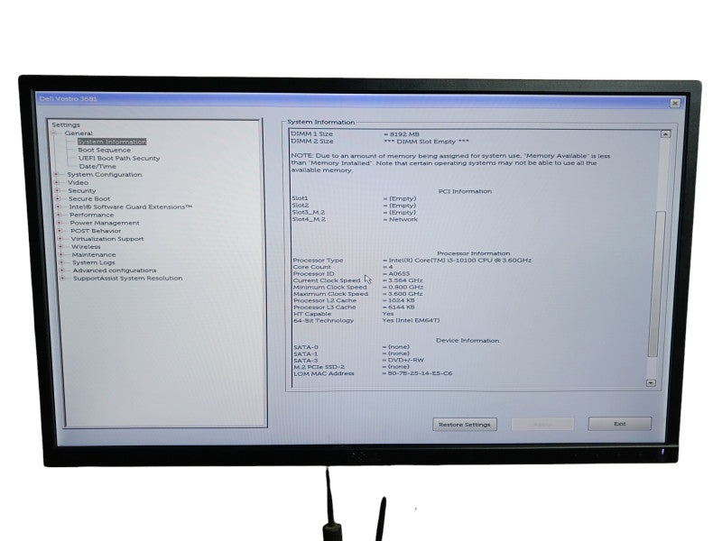 DELL VOSTRO 3681 SFF Intel i3-10100 @3.60Ghz  8GB DDR4