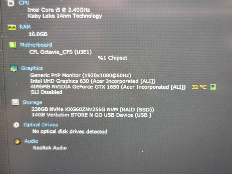 Acer Nitro 5 | i5-9300H| 16GB DDR4| GTX 1650| 256GB SSD PARTS/REPAIR  β Lap200