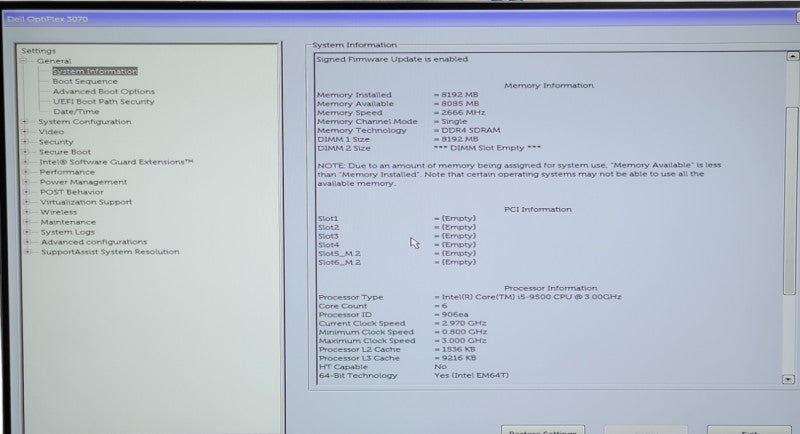 Dell OptiPlex 3070 TOWER i5-9500@3.0GHz  8GB DDR4 NO-HDD/SSD