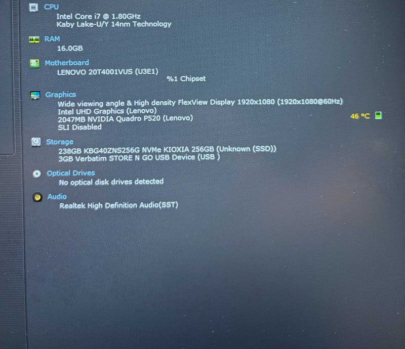 Lenovo ThinkPad P15s i7-10510U@1.8GHz QUADRO P520 2GB GPU 16GB RAM 256GB SSD  Lap200