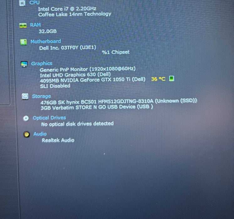 Dell G3 3579 i7-8750H@2.2GHz GTX 1050 Ti 4GB GPU 32GB RAM 512GB SSD READ!  Lap200