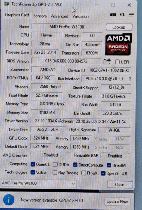 AMD FirePro W8100 Video GPU |8GB GDDR5 PCIe 3.0 x16 4 x DP