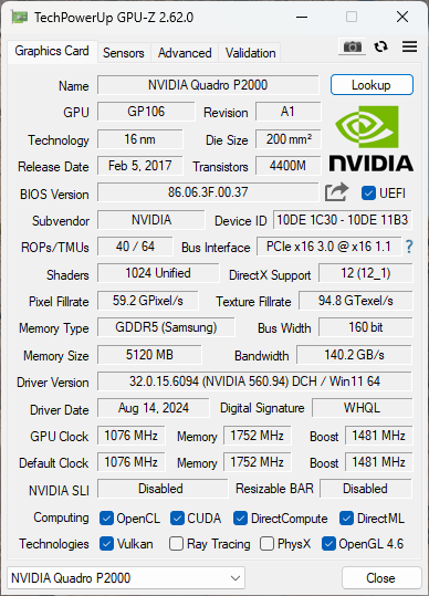 NVIDIA QUADRO P2000 5GB PCIe %