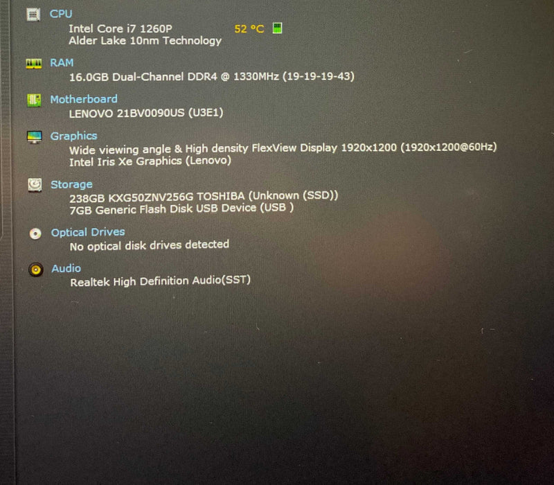 Lenovo ThinkPad T16 Gen 1 Core i7-1260P@2.10GHz 16GB RAM 256GB SSD  Lap200