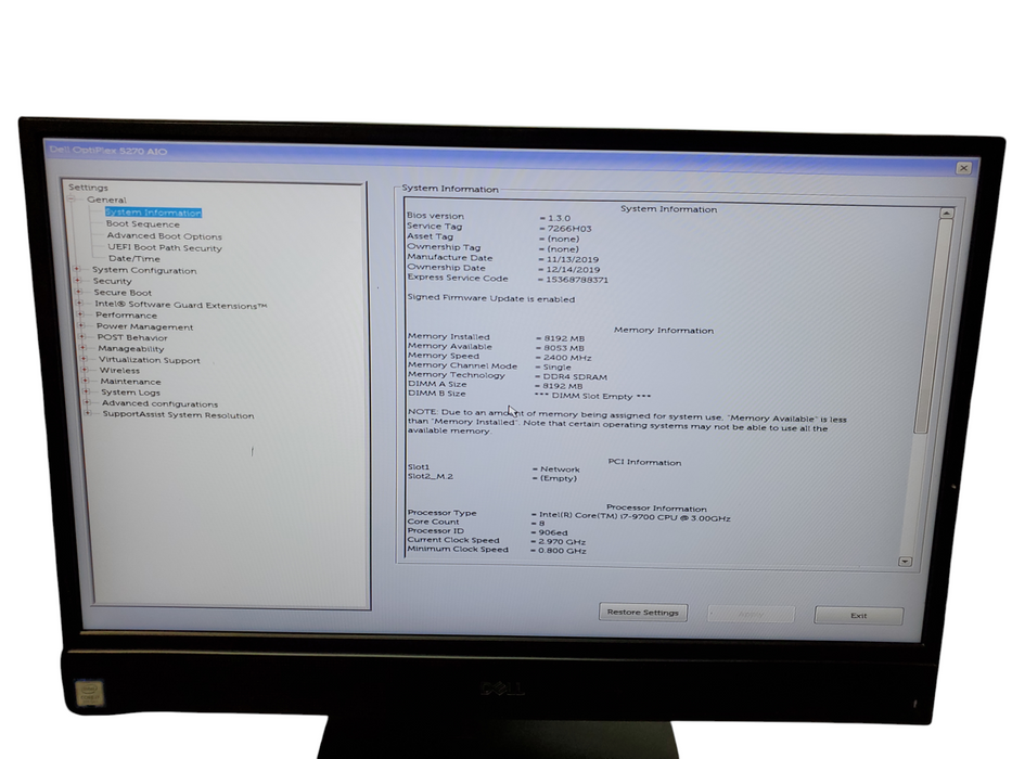 Dell OptiPlex 5270 AIO, i7-9700, 8GB DDR4, No HDD, No OS