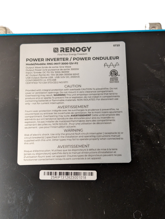 RENOGY Pure Sine Wave Inverter 12VDC-110VAC 60Hz RNG-INVT-3000-12-P2 READ -