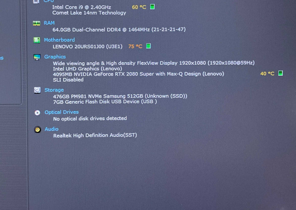 Lenovo ThinkPad T15g Gen 1 i9-10885H@2.4GHz RTX2080 8GB GPU 64GB RAM 512SSD  Lap200