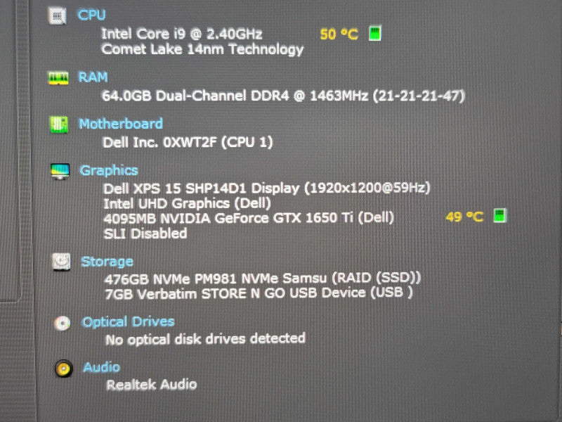 Dell XPS 15 9500 | I9-10885H| 64GB DDR4| GTX 1650 Ti| 512GB SSD | NO AC ADAPT β Lap200