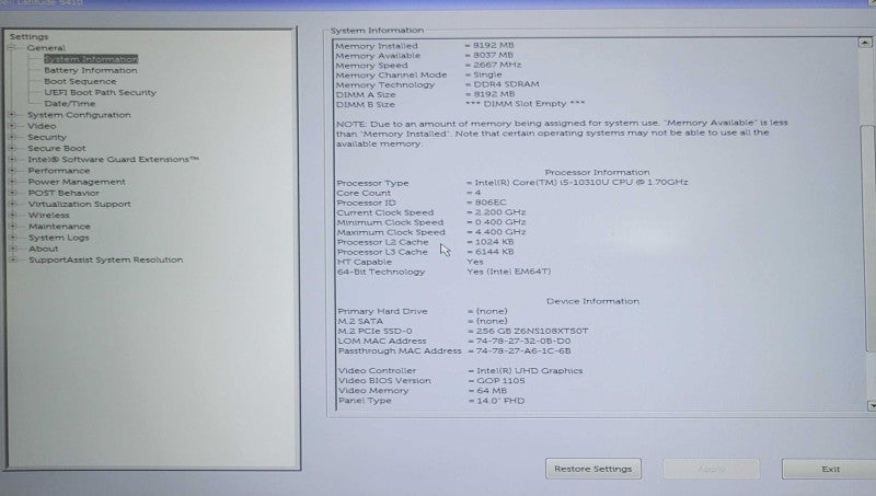 Dell Latitude 5410 Intel Core i5-10310U@1.7GHz 8GB DDR4 RAM 256GB NVMe SSD _ Lap200