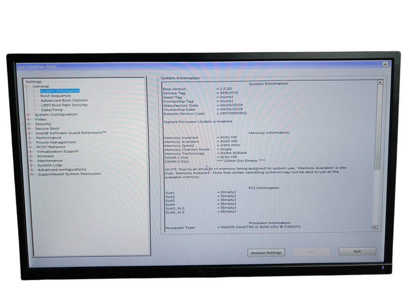 Dell Optiplex 3060 Intel i3-8100 8GB DDR4 Tower Desktop Q
