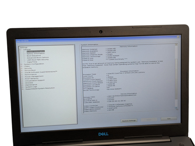 Dell G3 3579 15" Intel Core i7-8750H @ 2.20Ghz 16GB RAM & 800GB SSD  - Lap200