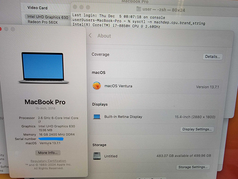 MacBook Pro 2018 A1990 15" |6-Core i7-8850H @2.6GHz 16GB RAM 500GB SSD - READ