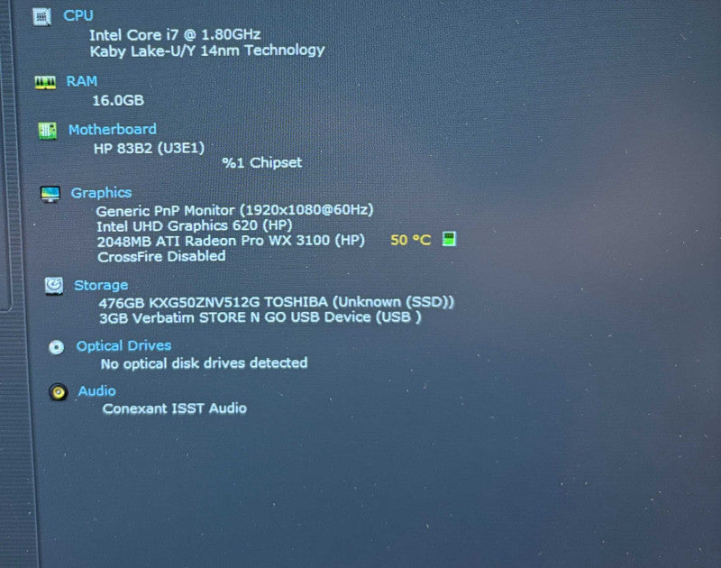 HP ZBook 14u G5 i7-8550U@1.8GHz Radeon Pro WX 3100 2GB GPU 16GB RAM 512GB SSD  Lap200