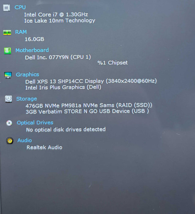 Dell XPS 13 9300 4K TOUCH Intel Core i7-1065G7@1.3GHz 16GB RAM 512GB SSD READ  Lap200