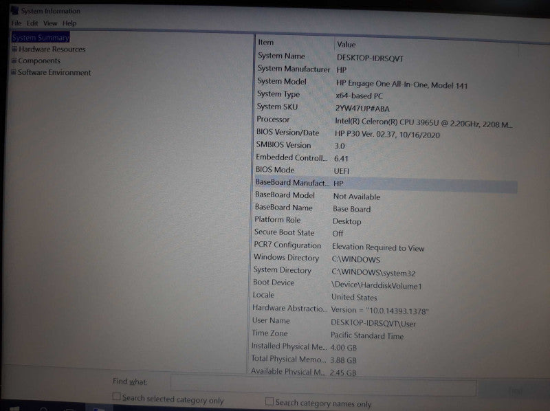 HP Engage One AIO POS Model 141, Intel Celeron 3965U, 4GB RAM, 256GB Storage