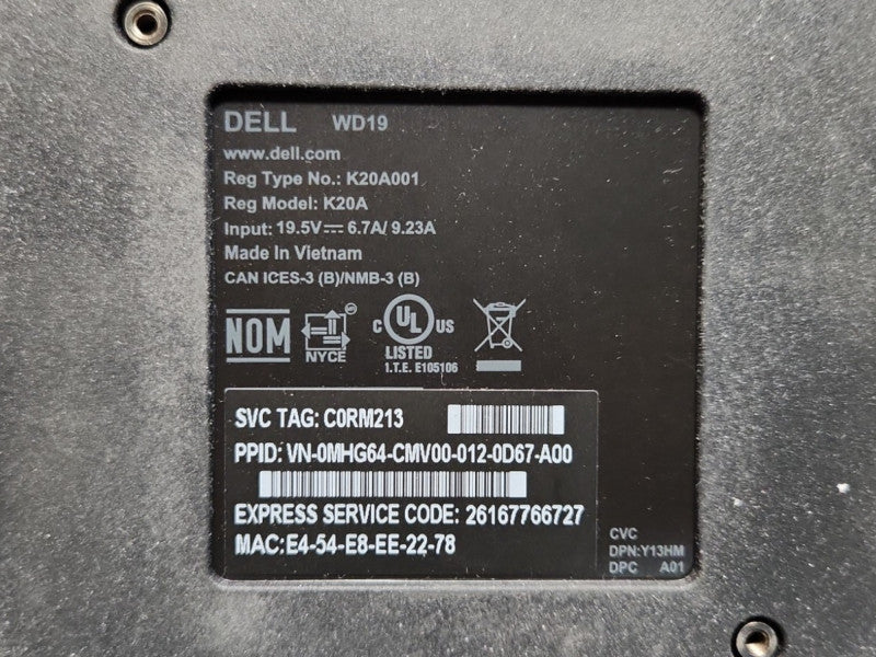 Dell WD19 K20A USB Type-C Docking Station w/ 180W AC Adapter