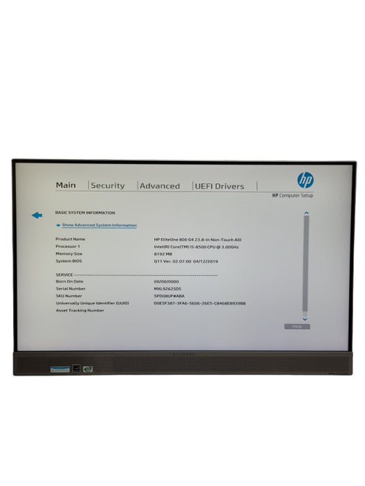 HP Eliteone 800 G4 23.8in AIO Intel i5-8500@3.00GHz 8GB NO-HDD/SSD, NO STAND