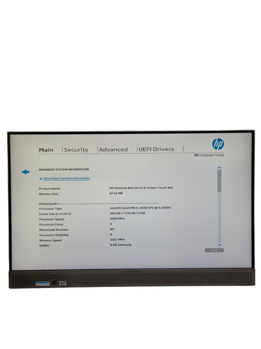 HP Eliteone 800 G4 23.8in AIO Intel i5-8500@3.00GHz 8GB NO-HDD/SSD, NO STAND
