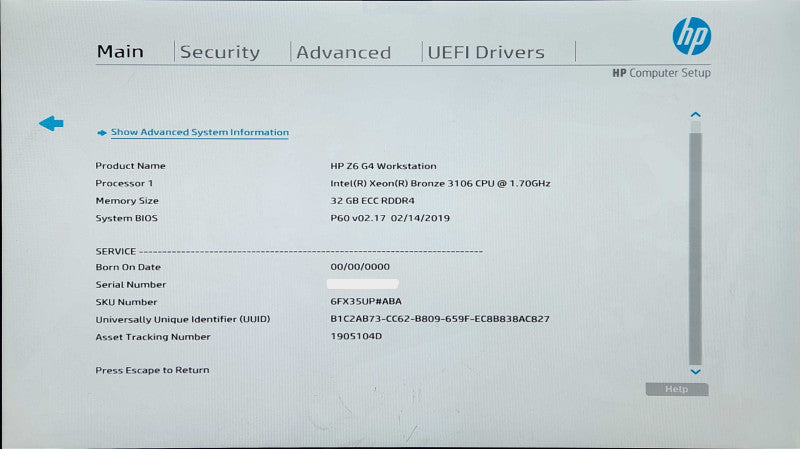 HP Z6 G4 Workstation, Xeon Bronze 3106 1.70GHz, 32GB DDR4, 256GB NVMe, P620
