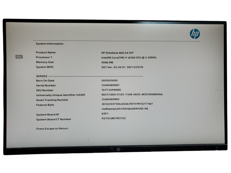 HP EliteDesk 800 G4 SFF Desktop i7-8700 3.2GHz 8GB RAM - No HDD