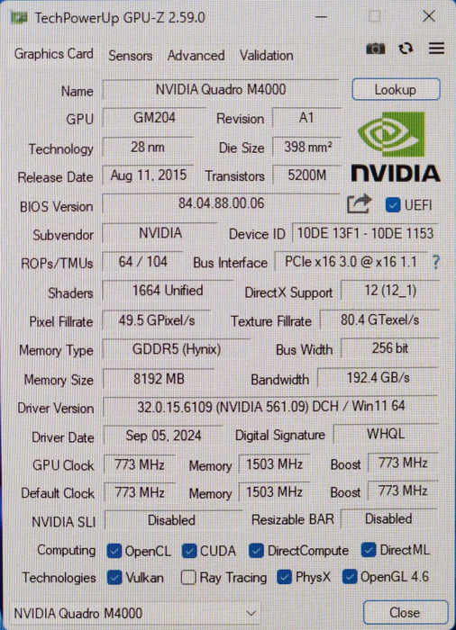 NVIDIA Quadro M4000, 8GB GDDR5 PCIe Graphics Card, 4x DisplayPort