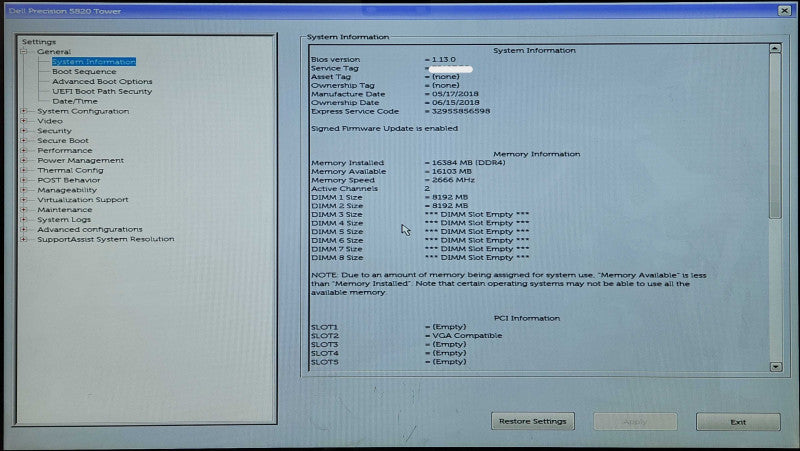 Dell Precision T5820 Xeon W-2133 3.60GHz 6C, 16GB DDR4, P400, 425W PSU