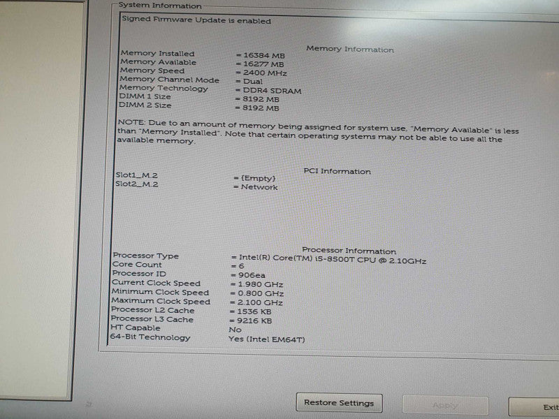 Dell OptiPlex 3060 Micro Core i5 - 8500T CPU @ 2.10GHz 16GB DDR4