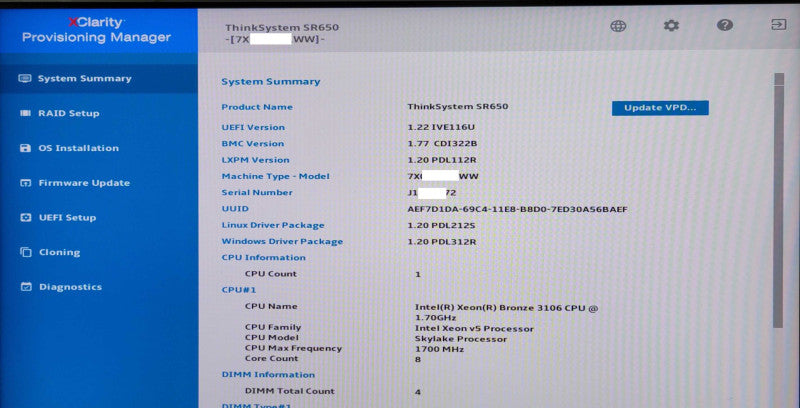 Lenovo ThinkSystem SR650, 1x Bronze 3106 1.70GHz, 64GB, 930-16i 4GB, 4x 900GB _