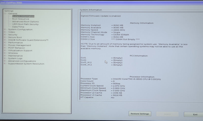 DELL OPTIPLEX 3060 SFF INTEL CORE I5-8500@3.0GHz 8GB RAM NO-HDD/OS